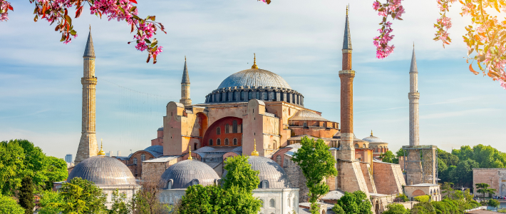 Santa Sofía con minaretes y cúpulas rodeada de árboles y flores en Estambul