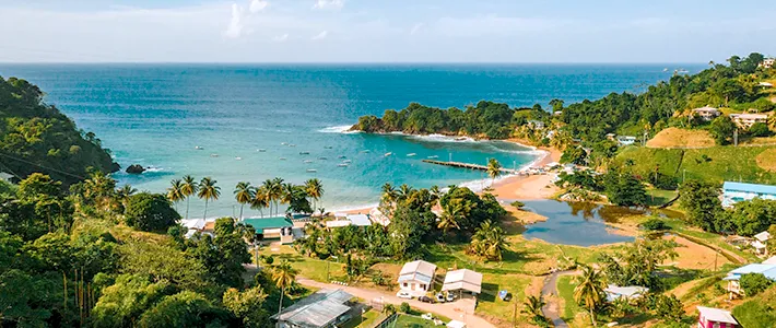 Vista panorámica de una bahía de Barbados con playa de arena, palmeras y exuberante vegetación junto al mar Caribe